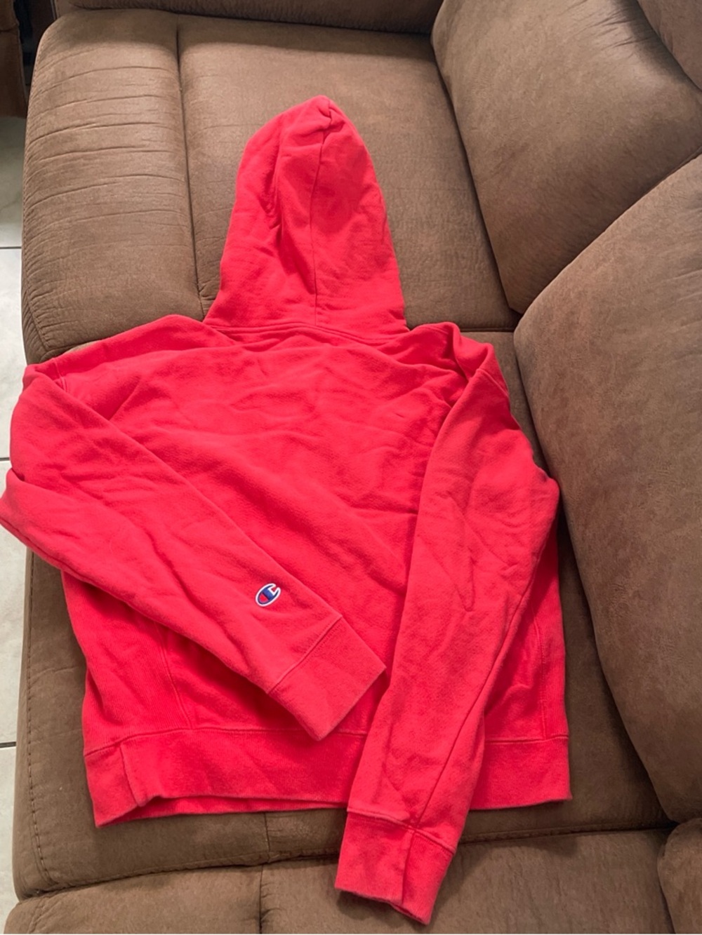 Champion Red Pullover Hoodie with Sleeve Logo